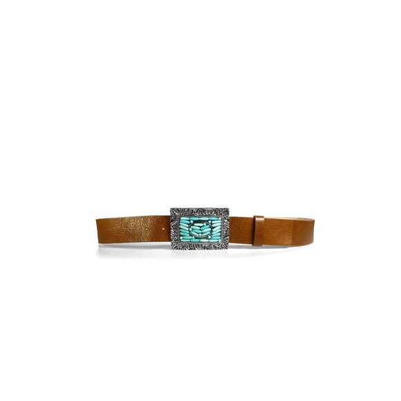 New STREETS AHEAD Belt Turquoise Beaded Brown Leather Belt  SZ Large USA main image 5
